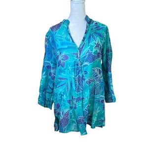 Boo Gemes Cotton Silk Tropical Flowers Blue Tunic Top Popover Women’s Size Small